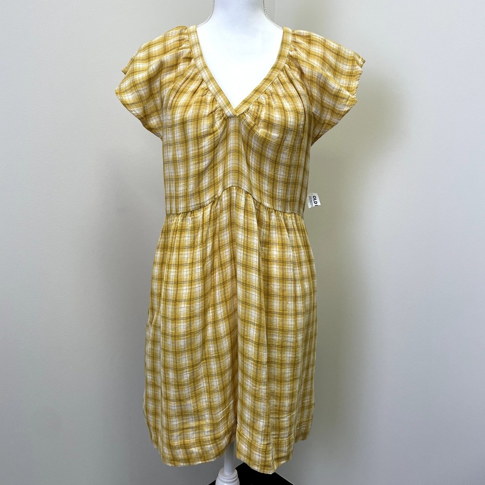 NWT Old Navy Yellow Plaid Cotton Babydoll V-Neck Flutter Sleeve Dress Large